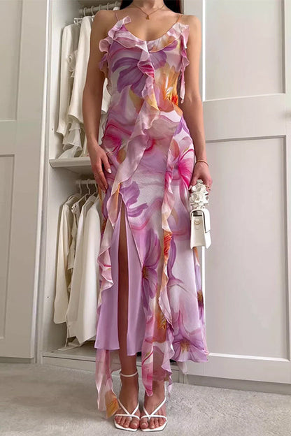 V Neck Backless Ruffle Trim Slit Floral Print Maxi Cami Dress