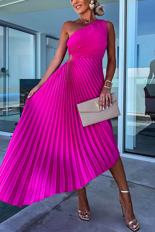 Rosiedress One Shoulder Cut Out Waist Irregular Pleated Party Dress Fuchsia