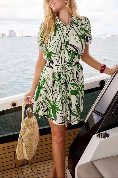 Short Sleeves Button Down Tie Waist Printed Mini Shirt Dress