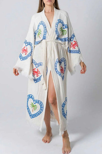 Rosiedress Raw Hem Tie Waist Printed Beach Vacation Kimono Maxi Dress