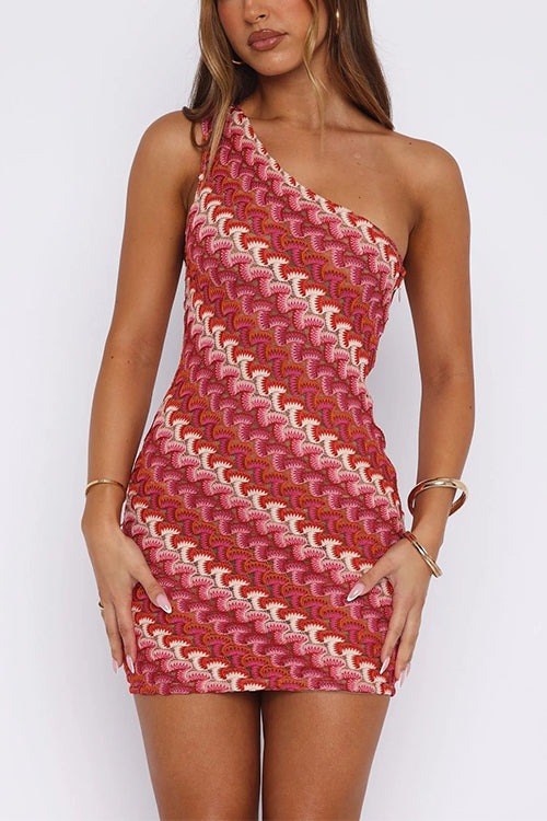 One Shoulder Sleeveless Color Block Crochet Mini Dress