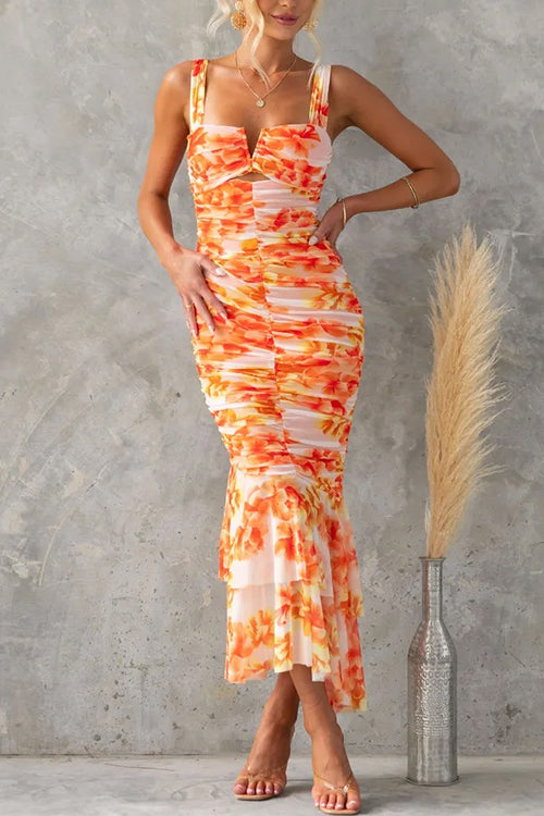 Sleeveless Ruched Mesh Overlay Floral Print Ruffle Midi Dress Orange