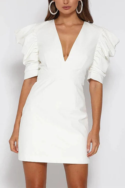 Rosiedress V Neck Backless Ruched Puff Sleeves Mini Dress