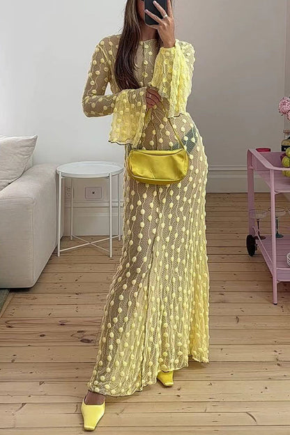 Crewneck Bell Long Sleeves Polka Dot Tulle Cover Up Maxi Dress