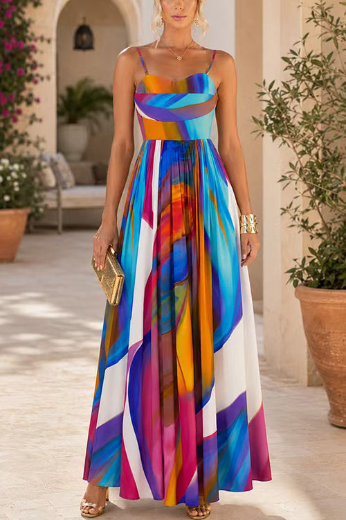 Spaghetti Strap Rainbow Printed Maxi Dress