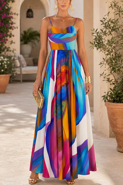 Spaghetti Strap Rainbow Printed Maxi Dress