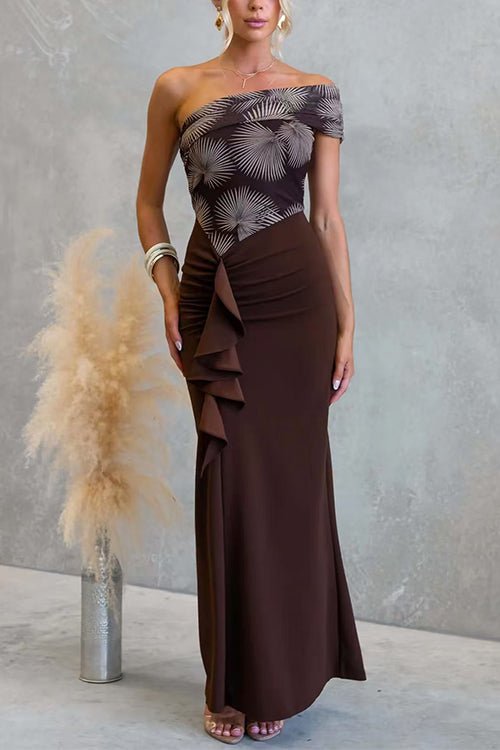 Asymmetrical Shoulder Ruffle Detail Printed Maxi Dress