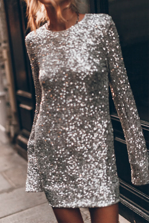 Slit Long Sleeves Back Cut Out Sequin Mini Dress Silver