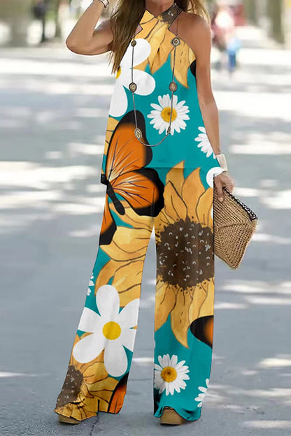 Criss Cross Halter Sleeveless Top Wide Leg Pants Printed Vacation Set Blue