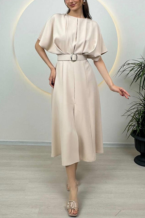Crewneck Short Sleeves Belted Slit Midi Dress