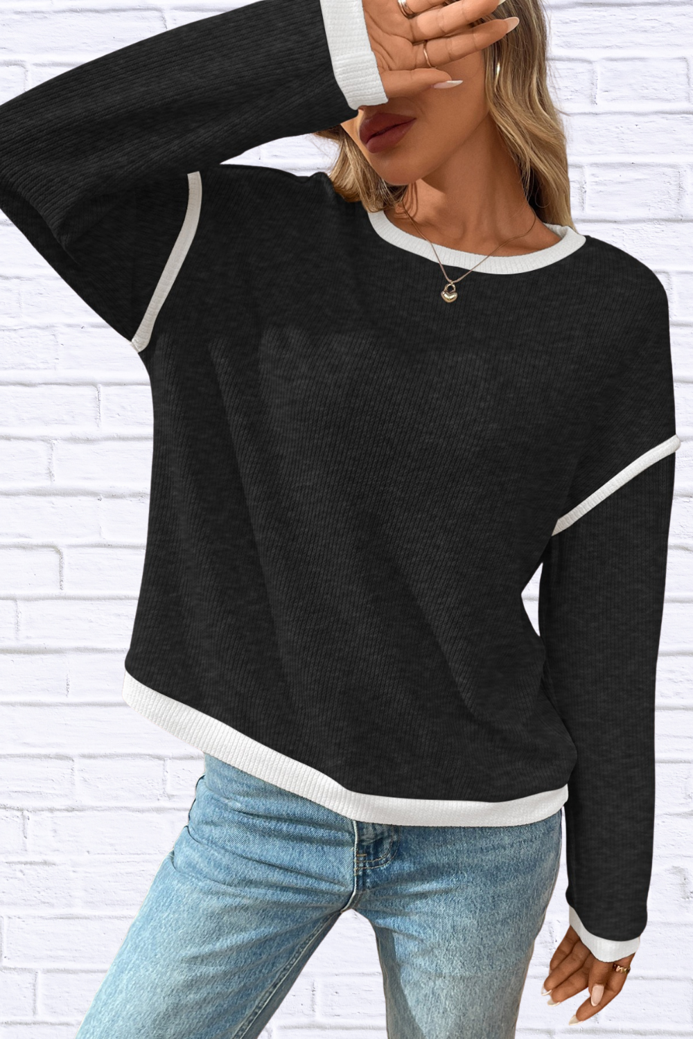 Ribbed Contrast Trim Long Sleeve Top