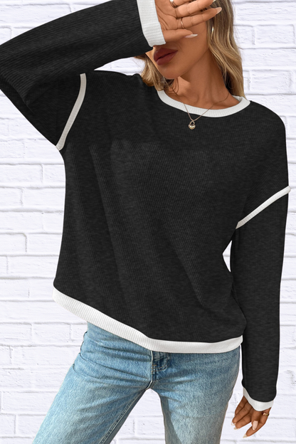 Ribbed Contrast Trim Long Sleeve Top