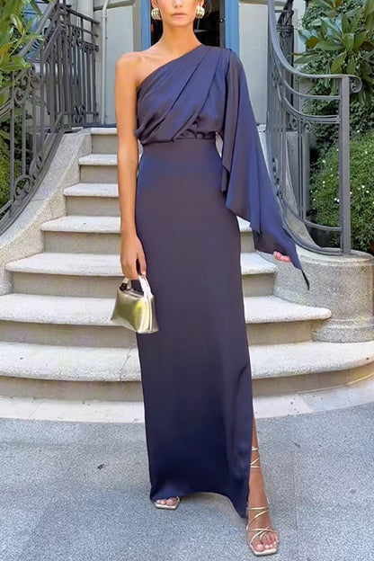 One Shoulder Long Sleeve Side Slit Satin Maxi Dress