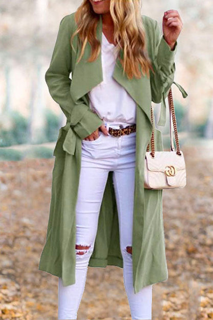Drap Front Tie Waist Solid Fall Midi Cardigan Green