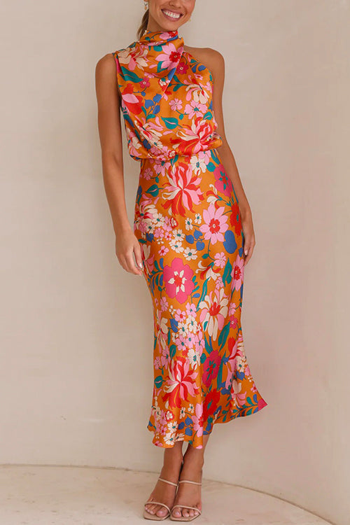 Rosiedress Tie Back Halter Sleeveless Waisted Maxi Floral Dress Orange