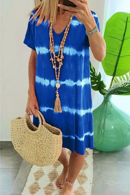 V Neck Short Sleeve Tie Dye Stripes T-shirt Dress Blue