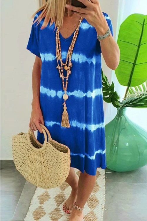 Rosiedress V Neck Short Sleeve Tie Dye Stripes T-shirt Dress Blue