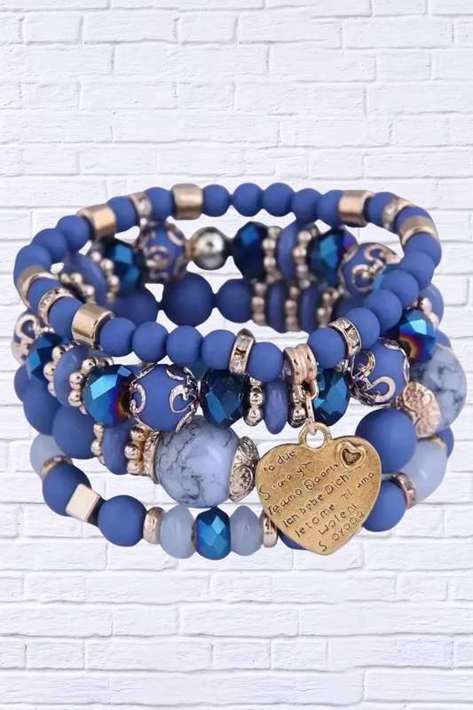Chic & Meaningful – Blue Beaded Stretch Bracelet Set with Heart Charm