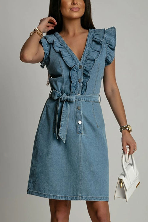 Rosiedress V Neck Button Up Tie Waist Ruffle Trim Denim Dress