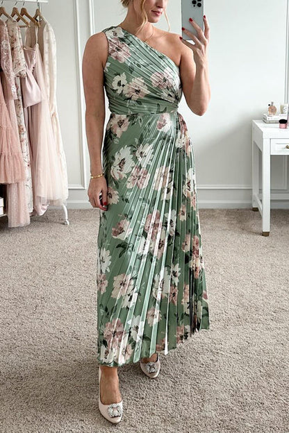 One Shoulder Waisted Floral Print Pleated Maxi Dress Floral