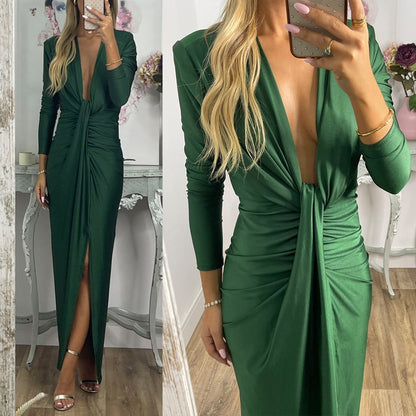 Rosiedress Deep V Neck Ruched Slit Maxi Bodycon Dress Green