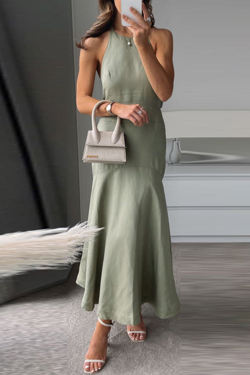 Halter Tie Knot Backless Ruffle Maxi Party Dress Sage