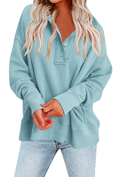 Rosiedress Stand Collar Button Up Pocketed Casual Sweatshirt LightBlue