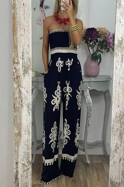 Off Shoulder Smocked High Waist Wide Leg Printed Jumpsuit Black