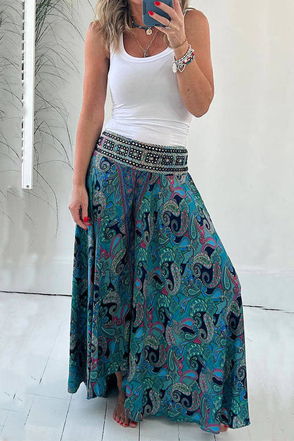 Rosiedress Elastic Waist Wide Leg Palazzo Printed Casual Pants Blue