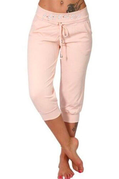 Letter Printed Solid Cropped Pants Pink