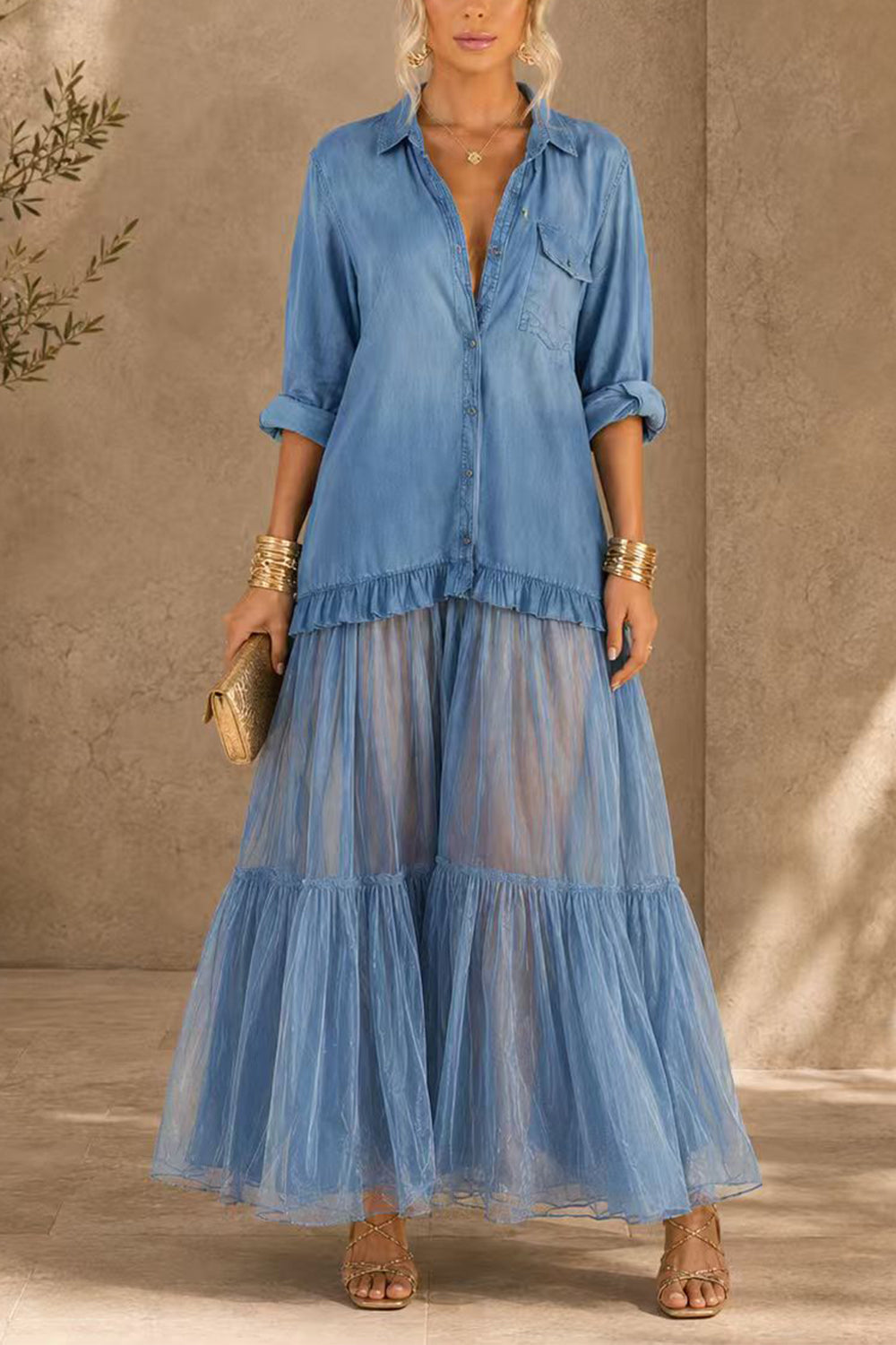 Lapel Long Sleeves Organza Splice Ruffle Denim Maxi Dress