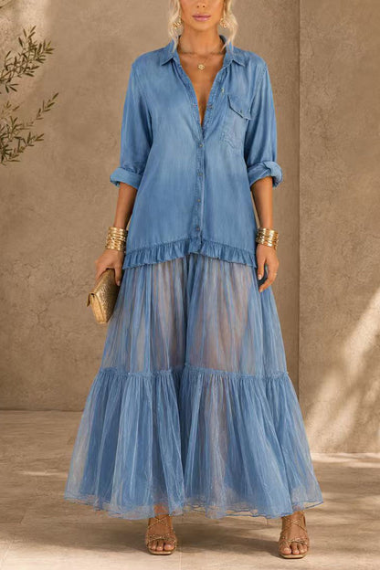 Lapel Long Sleeves Organza Splice Ruffle Denim Maxi Dress