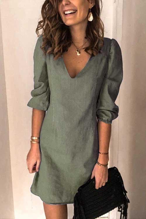 Annette V Neck Elastic Cuffs Mini Dress(5 Colors Available) ArmyGreen