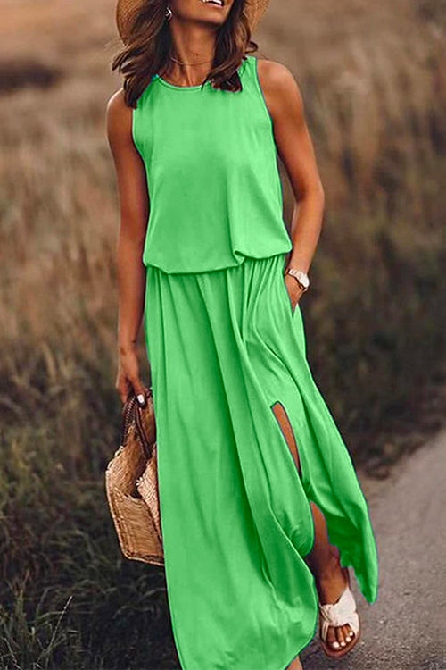 Rosiedress Sleeveless Waisted Slit Maxi Tank Dress Green