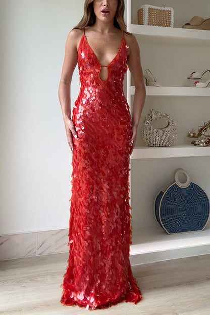 V Neck Cut Out Sequin Bodycon Maxi Cami Party Dress