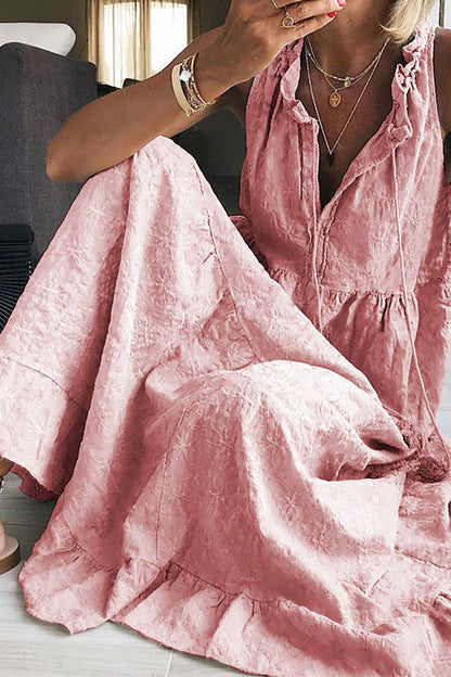 Sleeveless V Neck Cotton Linen Ruffle Maxi Dress Pink