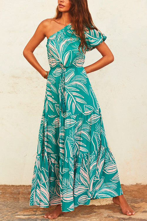 Rosiedress One Shoulder Drawstring Waist Printed Flowy Maxi Dress Green