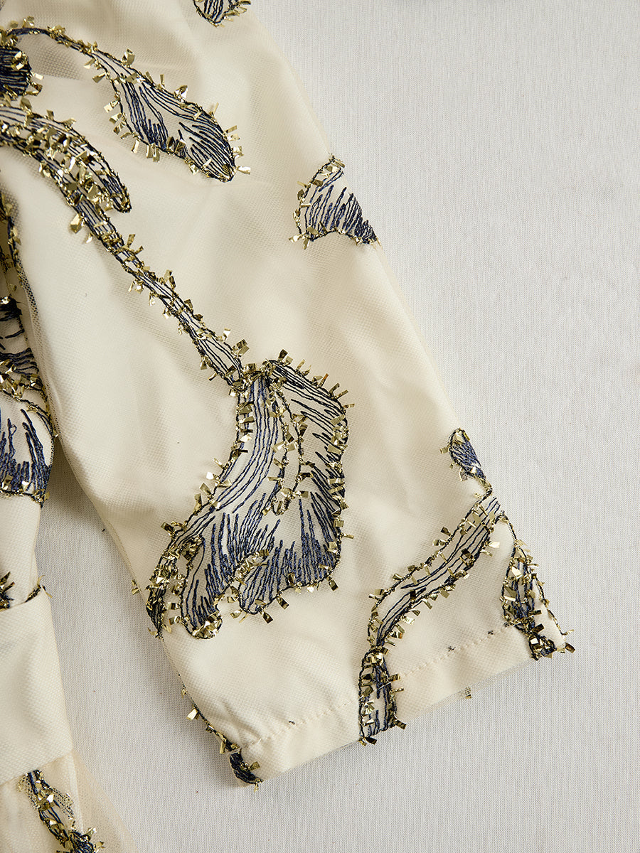 Mooyius Embroidered Mesh Midi Dress With Metallic Leaf Motif