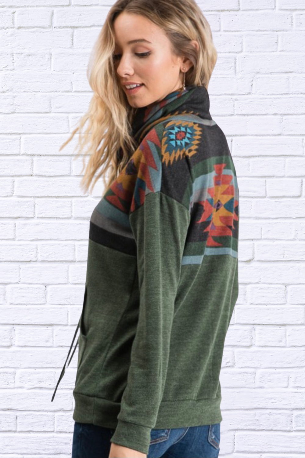 Diva USA Amanda Aztec Turtle Neck Top - Aztec Print Olive