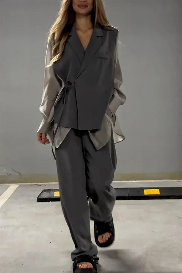 Ensemble veste à lacets irréguliers en mousseline de soie chic et élégant et pantalon droit à poches