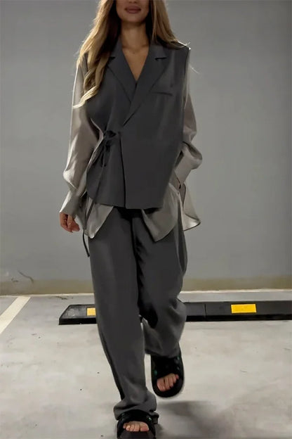 Ensemble veste à lacets irréguliers en mousseline de soie chic et élégant et pantalon droit à poches