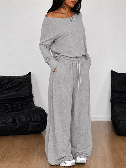 Boat Neck Long Sleeve Top and Wide-Leg Pants Set