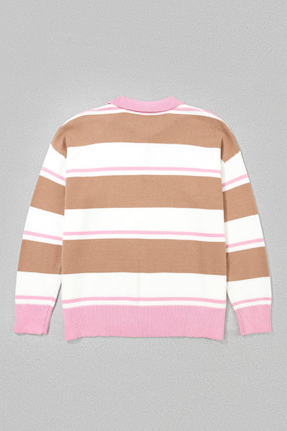 Pink Stripe Striped Colorblock V Neck Long Sleeve Tunic Sweater