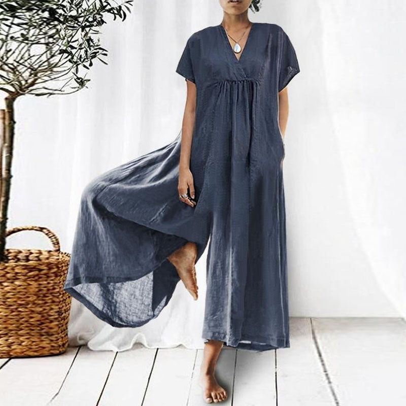 Loose V-neck Long Short Sleeves Jumpsuit