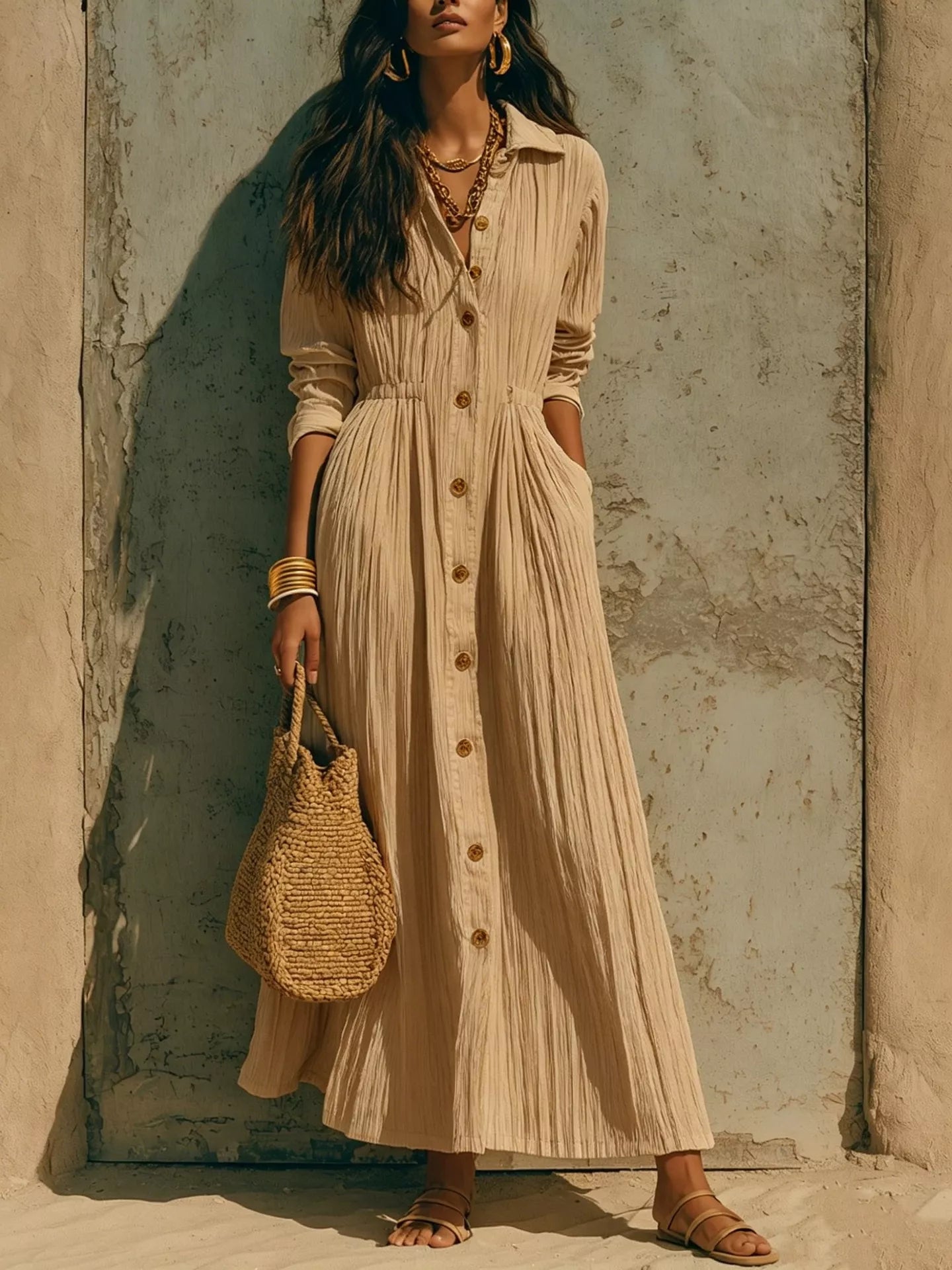 Full Size Textured Button Front Long Sleeve Maxi Dress Plus Size
