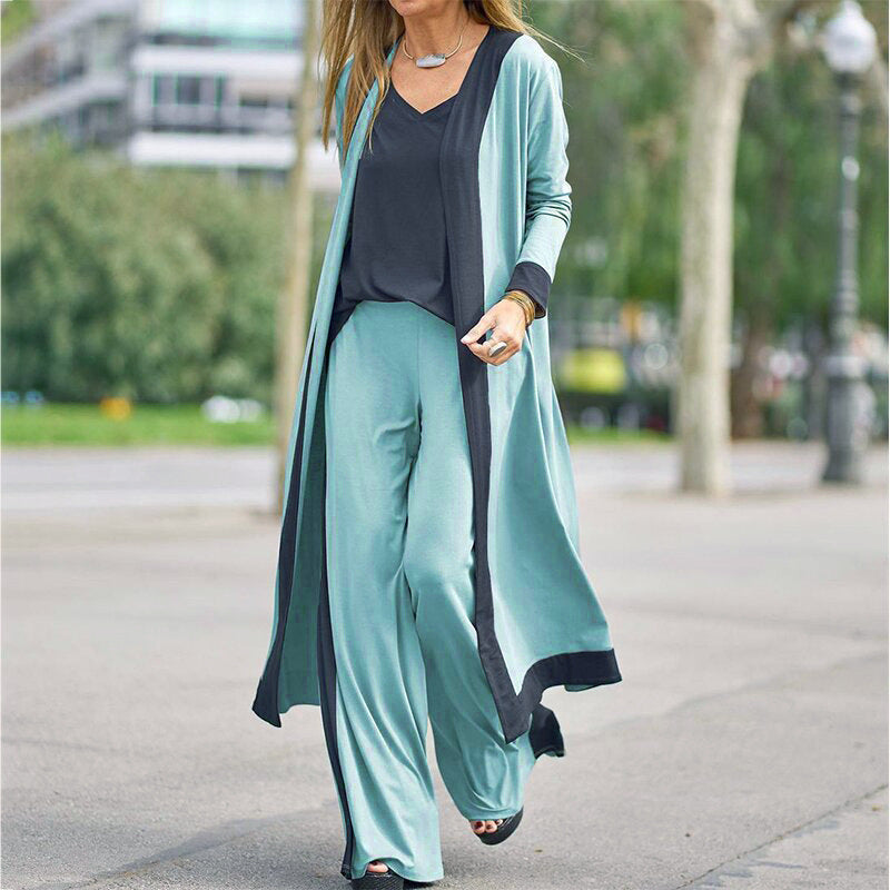 Casual Loose Three-pieces Color Patchwork Cardigan Suit