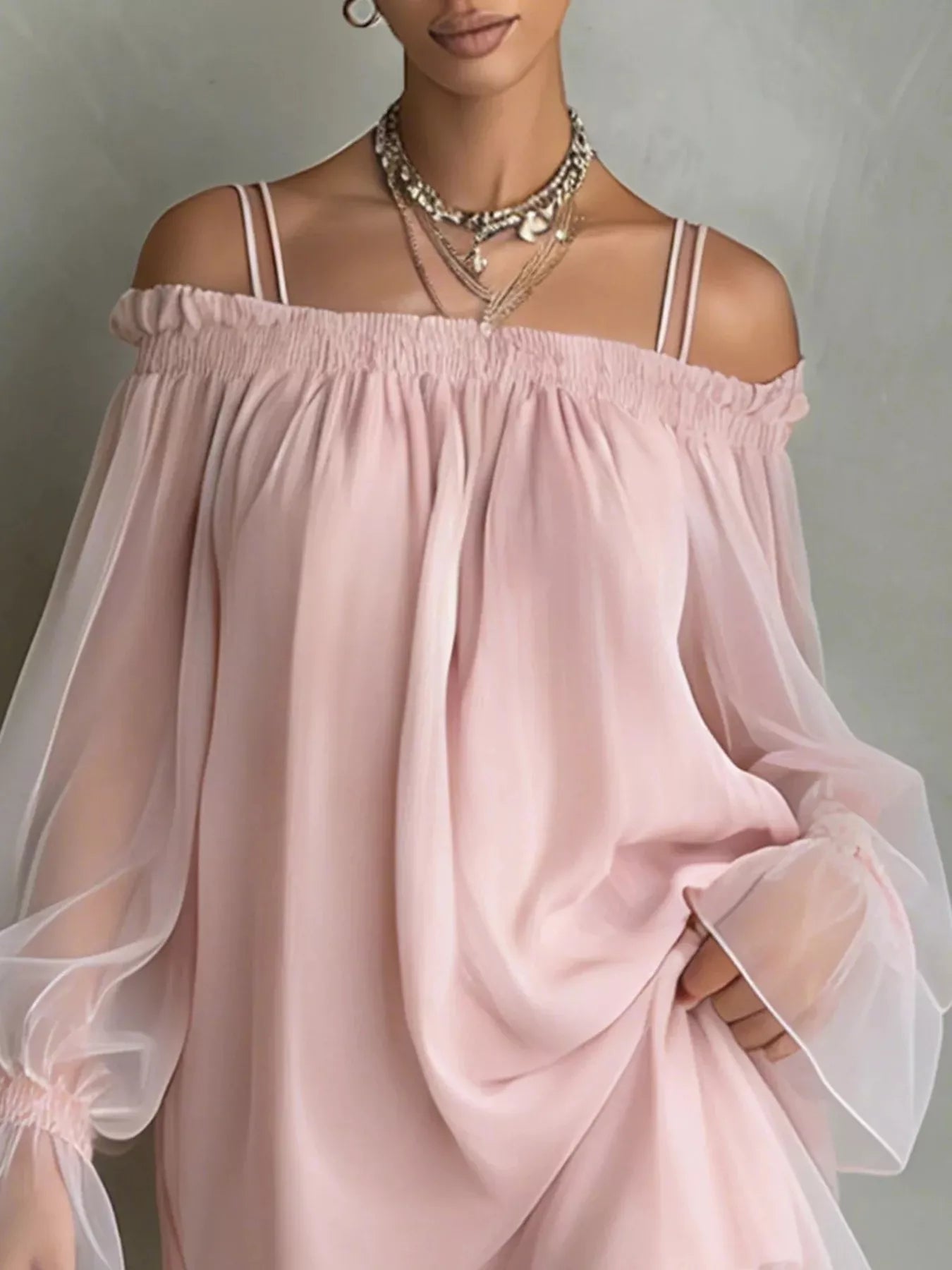 Off-Shoulder Sheer Sleeve Mini Dress
