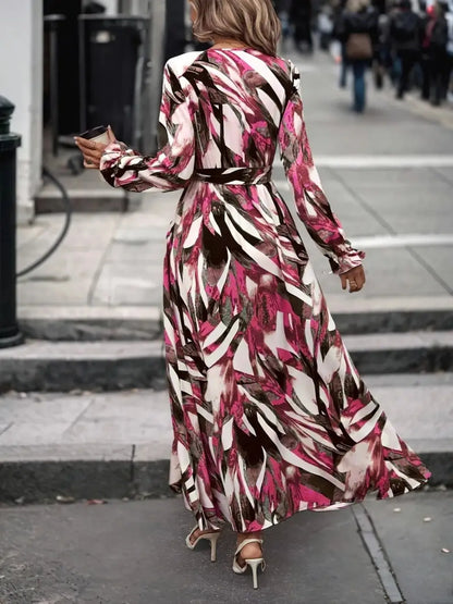 Printed Surplice Flounce Sleeve Maxi Dress