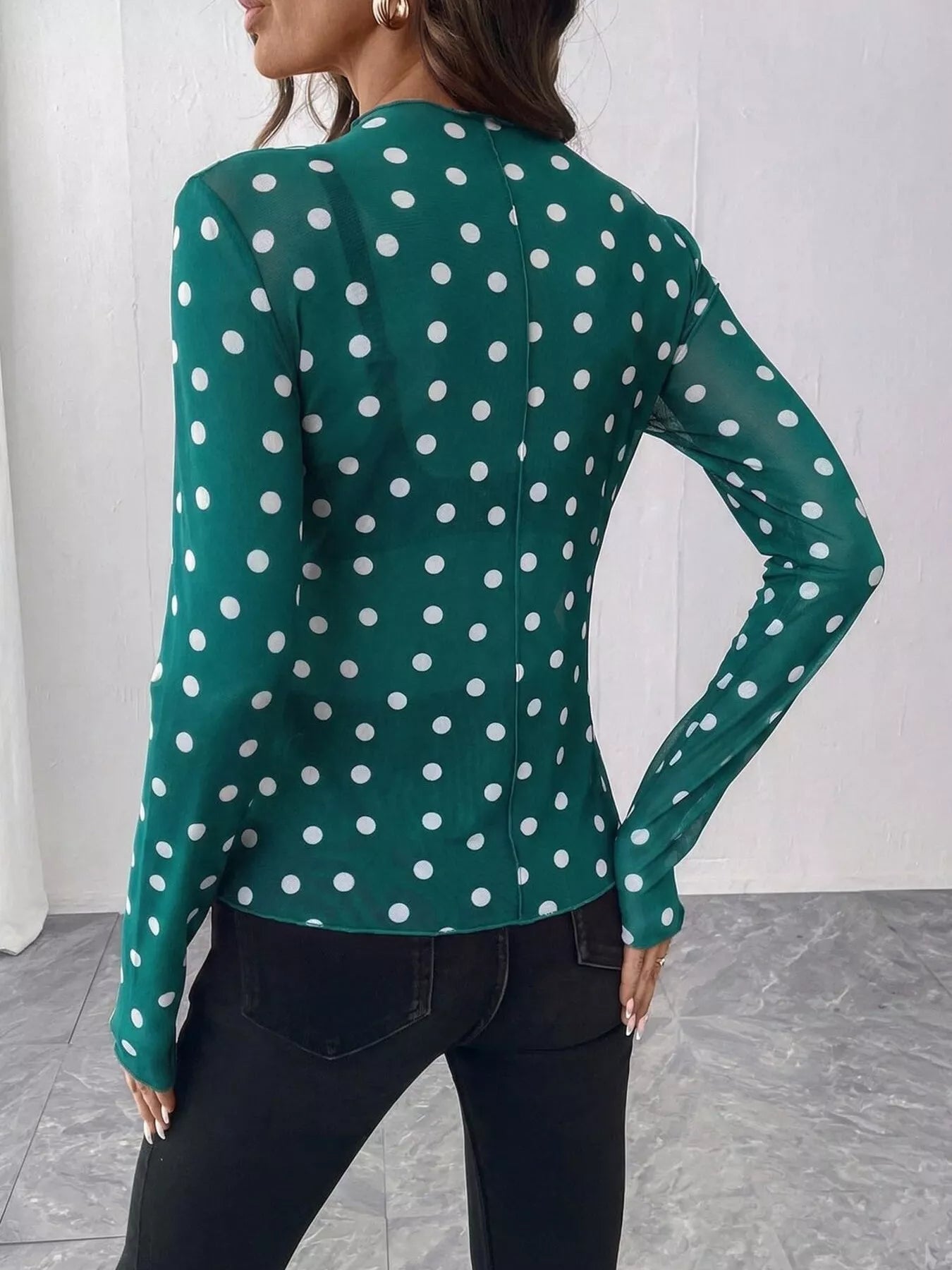 Sheer Polka Dot Long Sleeve Mock Neck Top