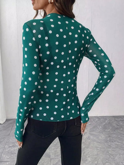Sheer Polka Dot Long Sleeve Mock Neck Top